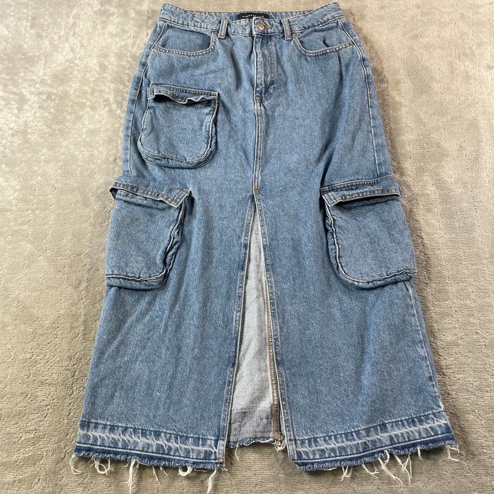 Aeropostale Cargo Maxi Skirt Womens Medium‎ Blue Denim Wash Front Slit Grunge